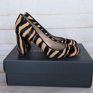 Ann Taylor Zebra Calf Hair Leather Block Heel Pumps Women's Size 8 Black Tan